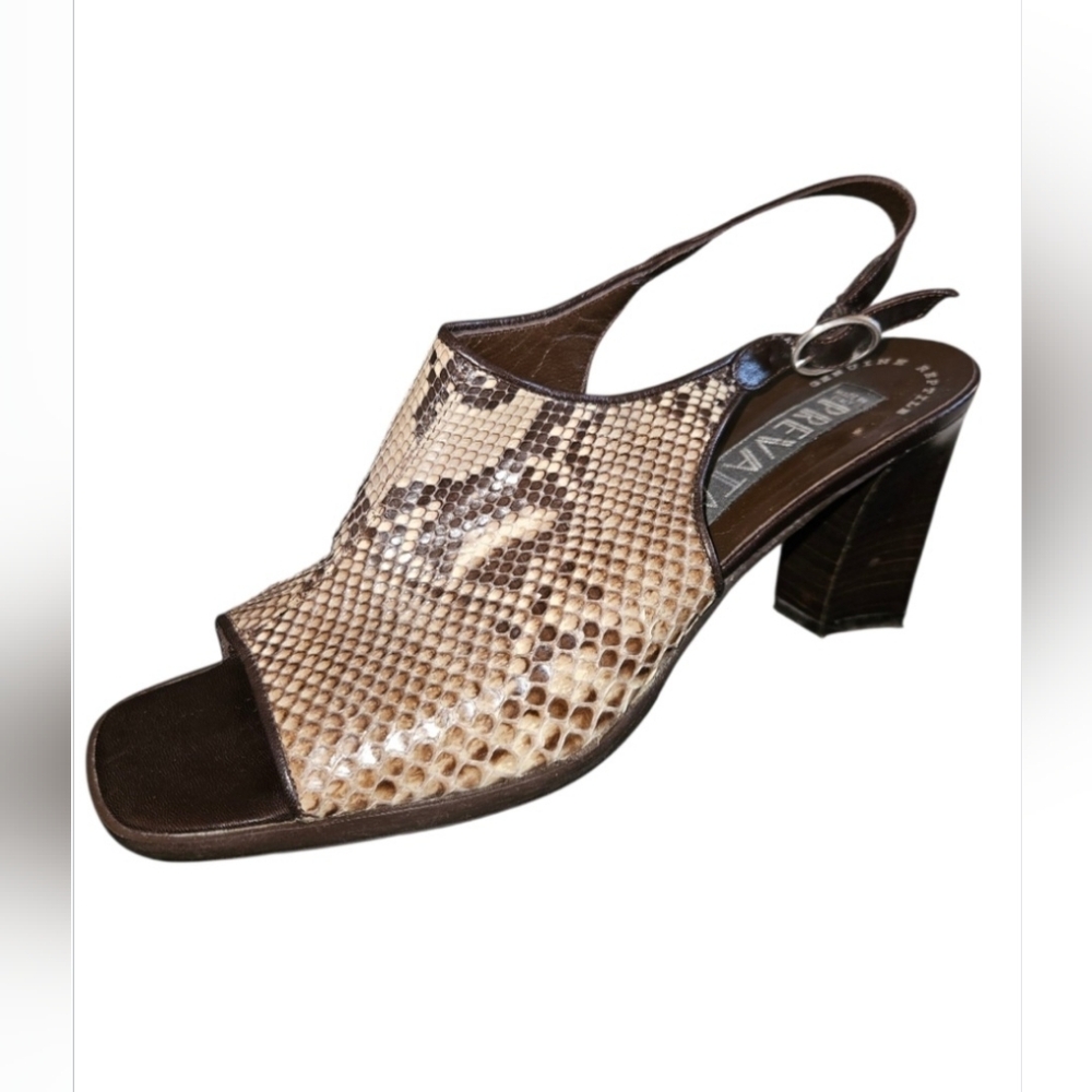 Vintage Prevata Brown Genuine Snakeskin Leather Slingback Heel Sandals Size 8.5